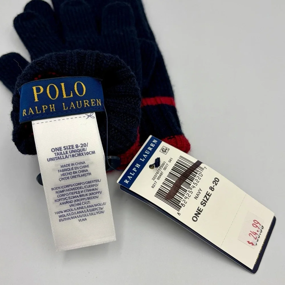 New Polo Ralph Lauren 100% Wool Kid's Gloves Size 8-20 Navy Blue Red